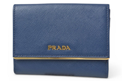 プラダ 財布/三つ折り PRADA 折財布 1M0523 SAFFIANO METAL/型押しレザー BLUETTE/ブルー【中古】