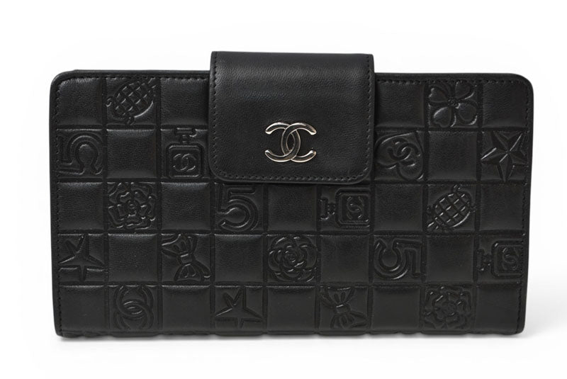 シャネル 財布 CHANEL がま口長財布 ラムスキン アイコン ブラック【中古】
