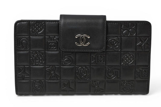 シャネル 財布 CHANEL がま口長財布 ラムスキン アイコン ブラック【中古】