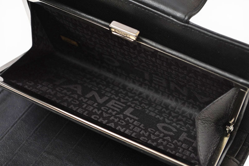 シャネル 財布 CHANEL がま口長財布 ラムスキン アイコン ブラック【中古】