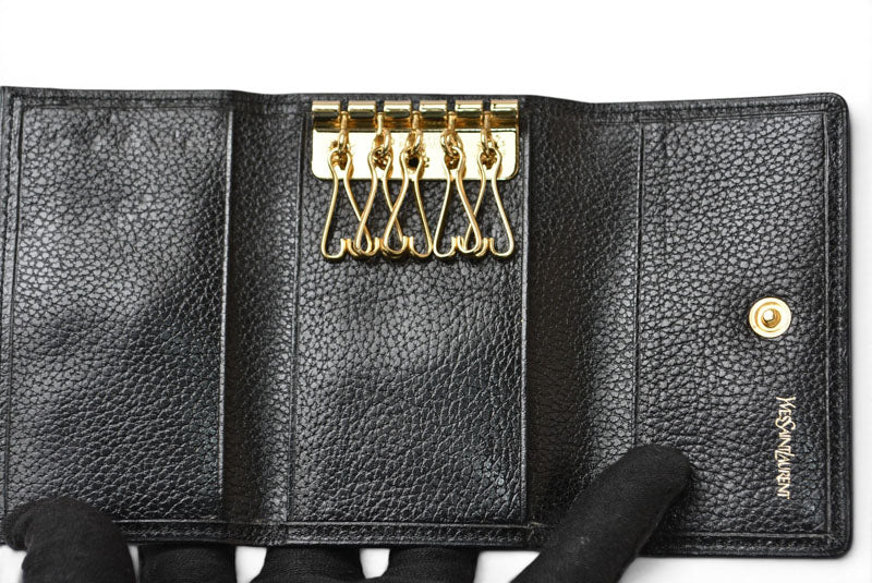 イヴ サンローラン YSL キーケース ヴィンテージ Yves Saint Laurent レザーブラック/ゴールド【中古】