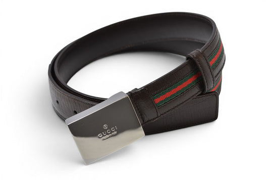 グッチ ベルト サイズ95 レザー GUCCI シェリーライン ダークブラウン グリーン/レッド 114966【中古】