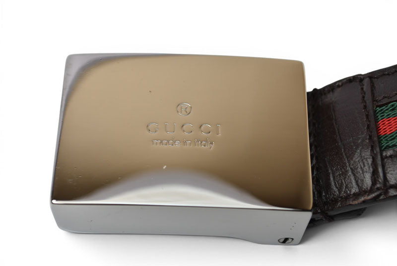 グッチ ベルト サイズ95 レザー GUCCI シェリーライン ダークブラウン グリーン/レッド 114966【中古】