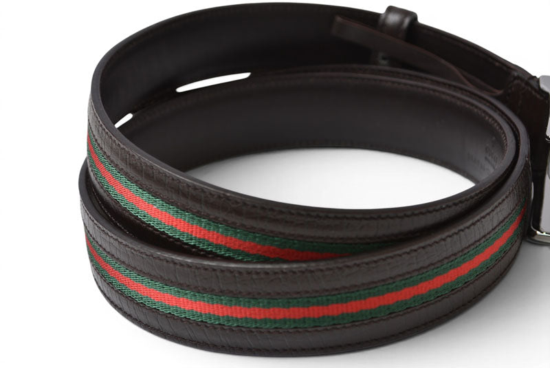 グッチ ベルト サイズ95 レザー GUCCI シェリーライン ダークブラウン グリーン/レッド 114966【中古】