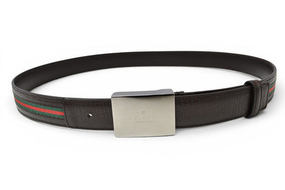 グッチ ベルト サイズ95 レザー GUCCI シェリーライン ダークブラウン グリーン/レッド 114966【中古】