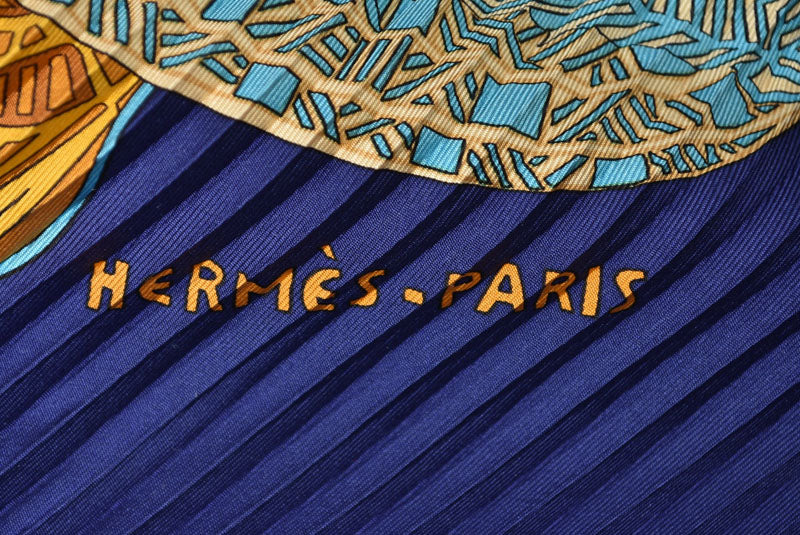 エルメス スカーフ/プリーツカレ HERMES ショール スカーフ ひし形 シルクツイル ネイビー/レッドマルチ【中古】