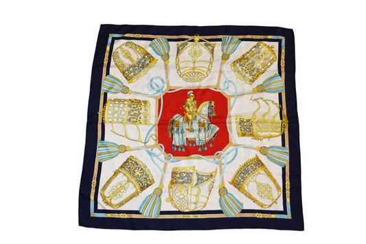 エルメス スカーフ カレ90 LES MUSEROLLES/鼻革 HERMES シルク100％ ネイビー/ホワイト【中古】