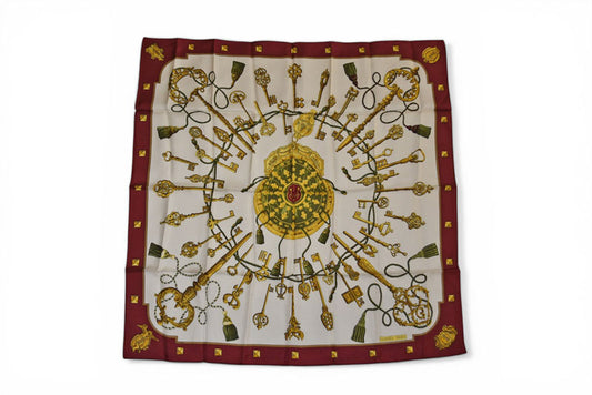 エルメス スカーフ カレ90 Les Cles レ・クレ/鍵柄 HERMES シルク100％ ボルドー/ホワイト ヴィンテージ【中古】