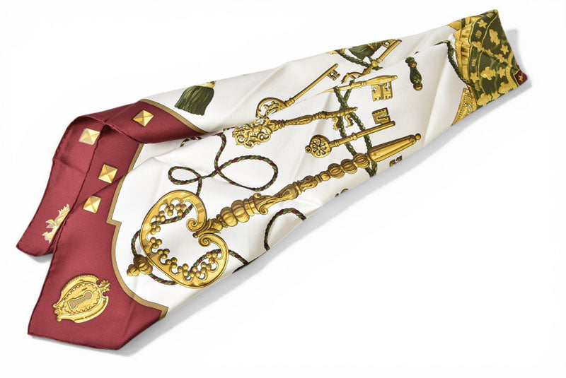 エルメス スカーフ カレ90 Les Cles レ・クレ/鍵柄 HERMES シルク100％ ボルドー/ホワイト ヴィンテージ【中古】