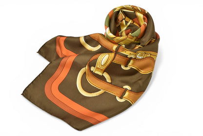 エルメス スカーフ カレ90 コーチング・フォーエバー HERMES シルク100％ オレンジ/カーキ【中古】