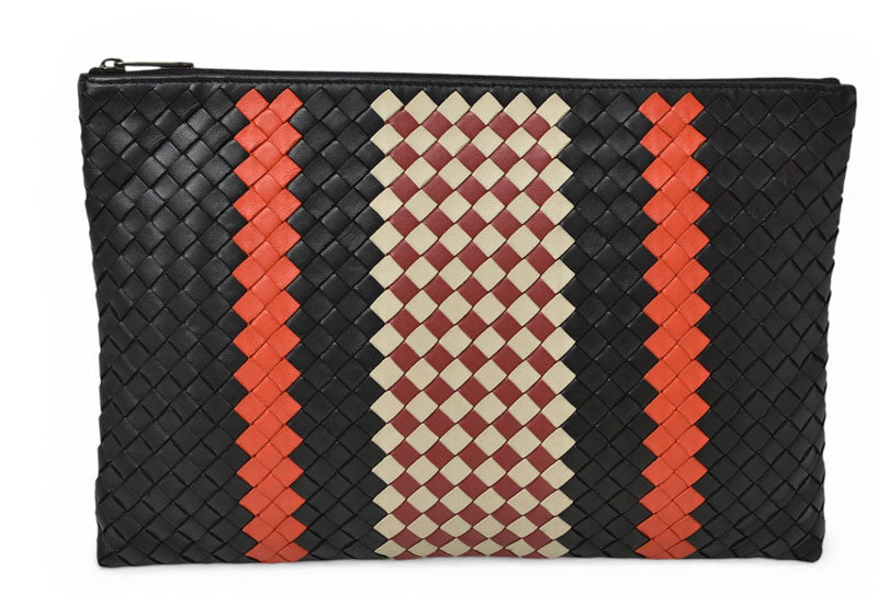 ボッテガヴェネタ クラッチバッグ/メンズポーチ BOTTEGA VENETA イントレチャート ナッパ ラムスキン ブラック/オレンジ【中古】
