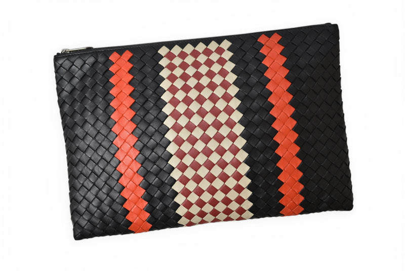 ボッテガヴェネタ クラッチバッグ/メンズポーチ BOTTEGA VENETA イントレチャート ナッパ ラムスキン ブラック/オレンジ【中古】