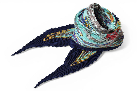エルメス スカーフ/プリーツカレ HERMES ショール スカーフ ひし形 シルクツイル 熱帯魚 マリン/ブルー【中古】