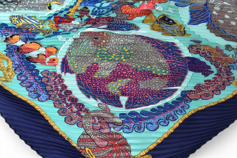 エルメス スカーフ/プリーツカレ HERMES ショール スカーフ ひし形 シルクツイル 熱帯魚 マリン/ブルー【中古】