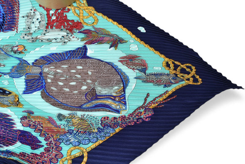 エルメス スカーフ/プリーツカレ HERMES ショール スカーフ ひし形 シルクツイル 熱帯魚 マリン/ブルー【中古】