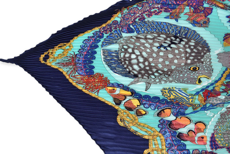 エルメス スカーフ/プリーツカレ HERMES ショール スカーフ ひし形 シルクツイル 熱帯魚 マリン/ブルー【中古】