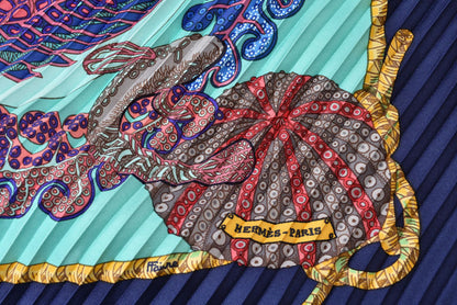 エルメス スカーフ/プリーツカレ HERMES ショール スカーフ ひし形 シルクツイル 熱帯魚 マリン/ブルー【中古】