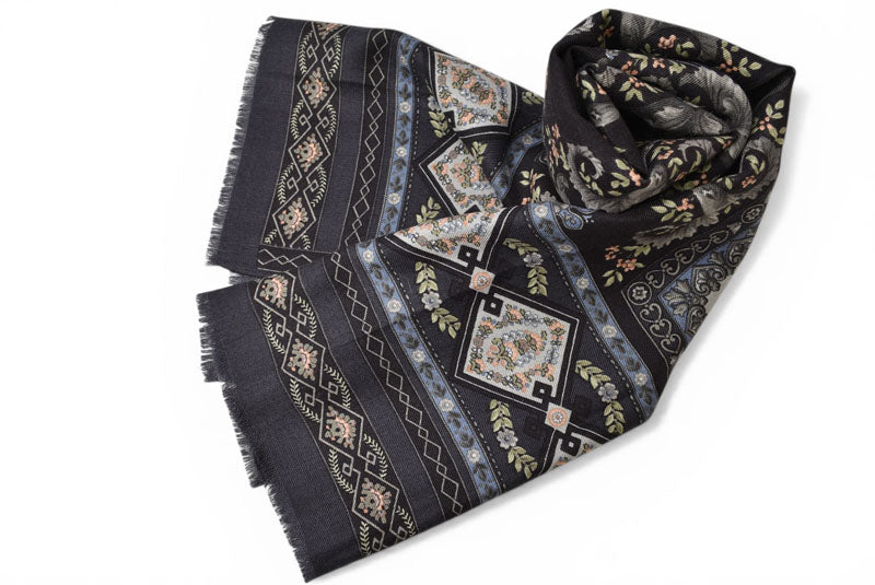 エトロ スカーフ ETRO シルク/ウール ペイズリー イタリア製 グレー/ブルー【中古】