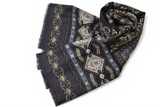 エトロ スカーフ ETRO シルク/ウール ペイズリー イタリア製 グレー/ブルー【中古】