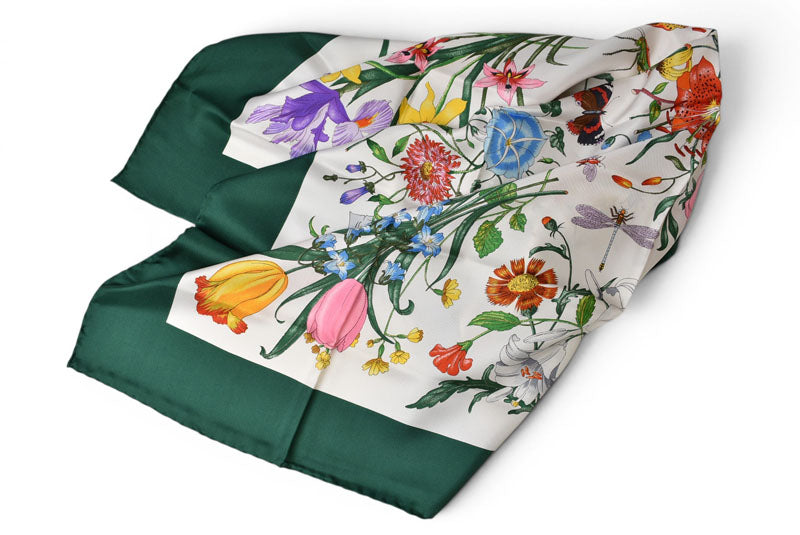 グッチ スカーフ GUCCI ヴィンテージ 大判スカーフ フローラプリント/フラワー柄 グリーンマルチ【中古】