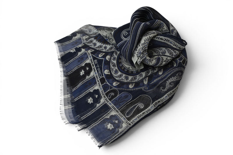 エトロ スカーフ ペイズリー柄 ネイビー系 ETRO ヴィンテージ フリンジ ショール ストール メンズ レディース【中古】