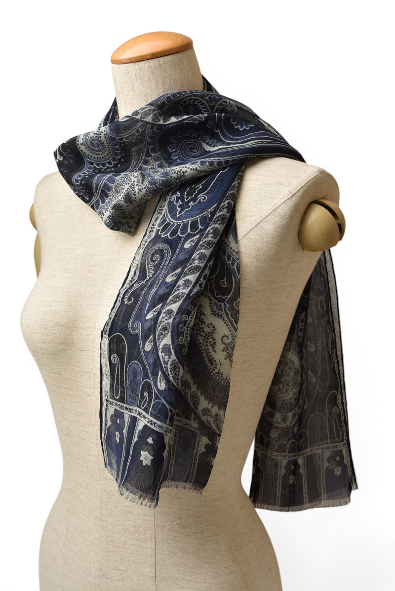 エトロ スカーフ ペイズリー柄 ネイビー系 ETRO ヴィンテージ フリンジ ショール ストール メンズ レディース【中古】