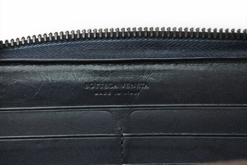ボッテガヴェネタ 財布 BOTTEGA VENETA 長財布/ラウンドファスナー式 イントレチャート ネイビー【中古】