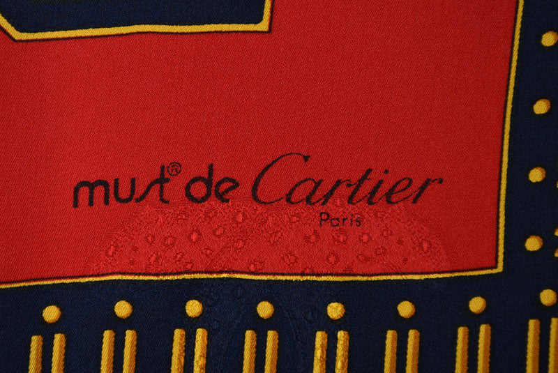 カルティエ スカーフ Cartier マスト・ドゥ・カルティエ シルクスカーフ 時計モチーフ レッド/ブルー【中古】