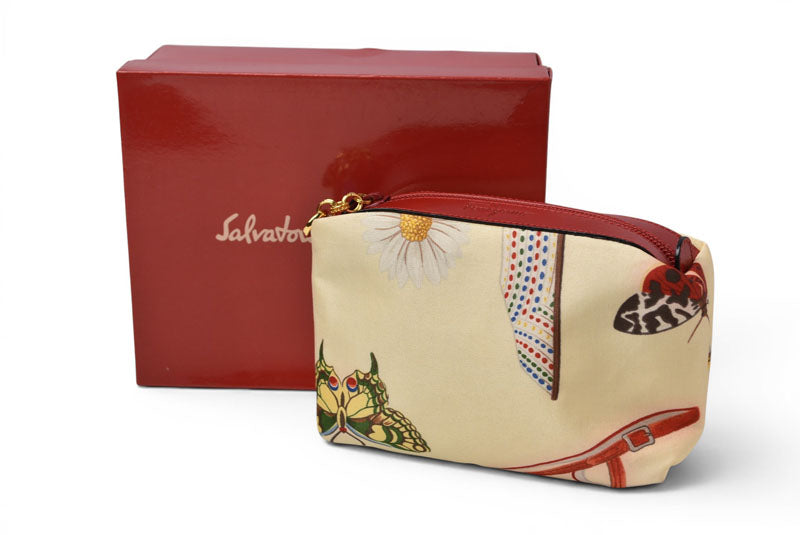 フェラガモ 未使用 ヴィンテージ コスメポーチ/トラベルポーチ Salvatore Ferragamo キャンバス/レザー レッド HE22 3081【中古】