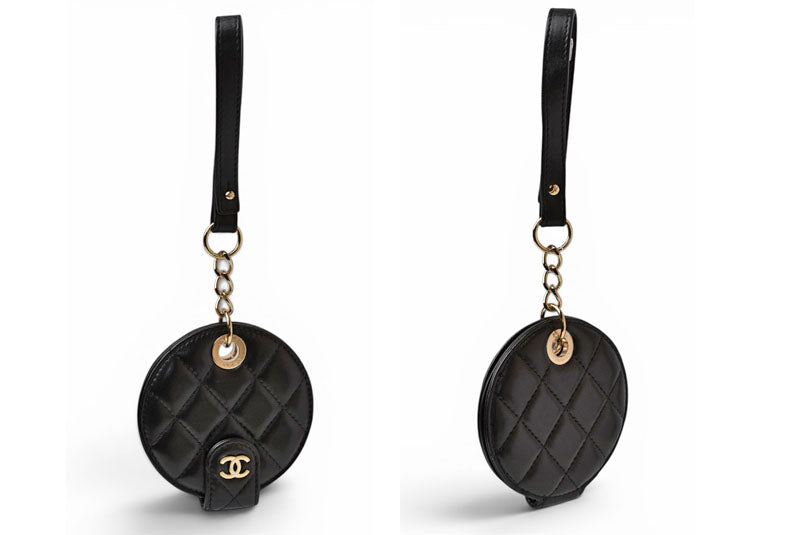 シャネル CHANEL VIP限定 ノベルティ ネームタグ マトラッセ ラウンド 黒 ラムスキン ストラップ付 ゴールド金具【中古】