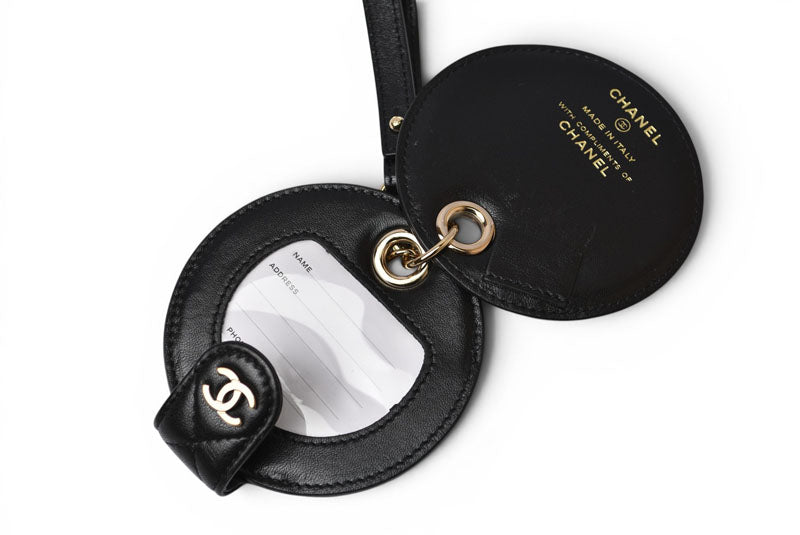 シャネル CHANEL VIP限定 ノベルティ ネームタグ マトラッセ ラウンド 黒 ラムスキン ストラップ付 ゴールド金具【中古】