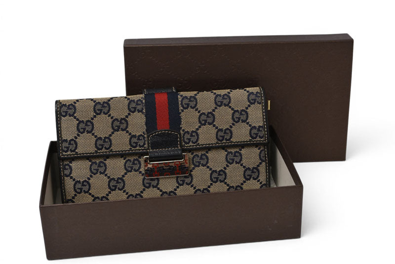 グッチ 財布 GUCCI 長財布 GGキャンバス GGネイビー/ベージュ シェリーライン 146206 【中古】