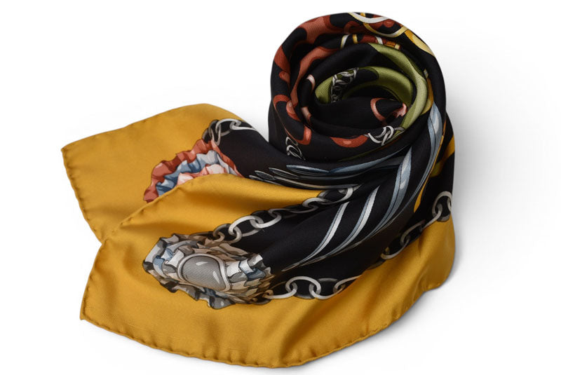 グッチ スカーフ GUCCI シルクスカーフ ホースビット/チェーン イエロー/ブラック【中古】