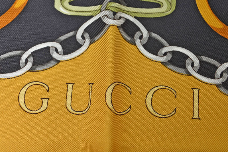 グッチ スカーフ GUCCI シルクスカーフ ホースビット/チェーン イエロー/ブラック【中古】