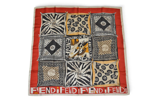 フェンディ スカーフ FENDI シルクツイル ヴィンテージ FF/ハンカチモチーフ レッド/ベージュ【中古】