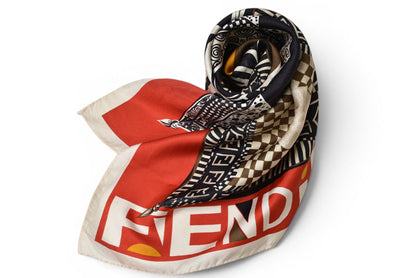 フェンディ スカーフ FENDI シルクツイル ヴィンテージ FF/ハンカチモチーフ レッド/ベージュ【中古】