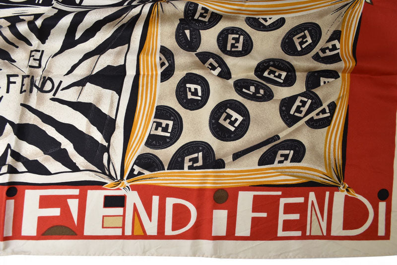 フェンディ スカーフ FENDI シルクツイル ヴィンテージ FF/ハンカチモチーフ レッド/ベージュ【中古】