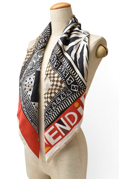 フェンディ スカーフ FENDI シルクツイル ヴィンテージ FF/ハンカチモチーフ レッド/ベージュ【中古】
