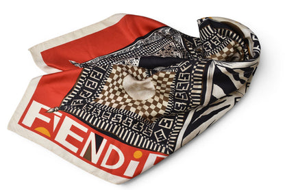 フェンディ スカーフ FENDI シルクツイル ヴィンテージ FF/ハンカチモチーフ レッド/ベージュ【中古】