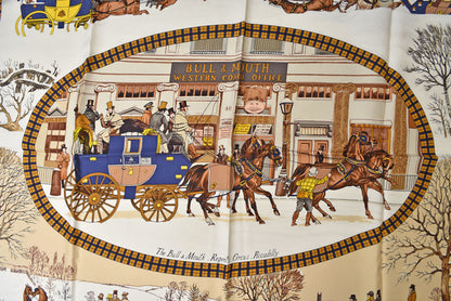 エルメス カレ90 スカーフ 冬の郵便馬車/L'Hiver en Poste ヴィンテージ スカーフ ネイビー/ホワイト レディース【中古】