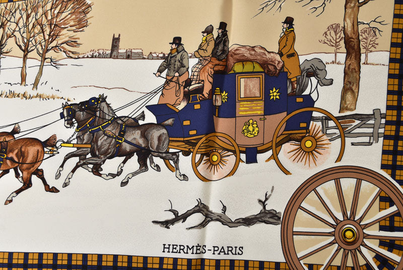 エルメス カレ90 スカーフ 冬の郵便馬車/L'Hiver en Poste ヴィンテージ スカーフ ネイビー/ホワイト レディース【中古】