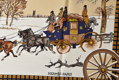 エルメス カレ90 スカーフ 冬の郵便馬車/L'Hiver en Poste ヴィンテージ スカーフ ネイビー/ホワイト レディース【中古】