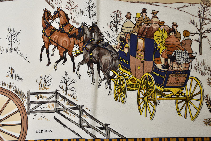 エルメス カレ90 スカーフ 冬の郵便馬車/L'Hiver en Poste ヴィンテージ スカーフ ネイビー/ホワイト レディース【中古】