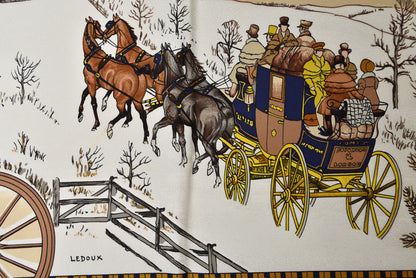 エルメス カレ90 スカーフ 冬の郵便馬車/L'Hiver en Poste ヴィンテージ スカーフ ネイビー/ホワイト レディース【中古】