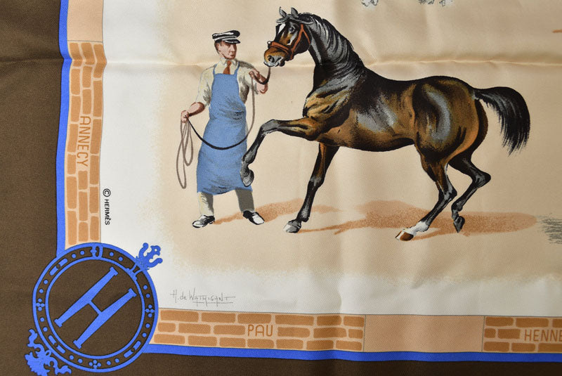 エルメス カレ90 スカーフ Les Haras Nationaux /国立種馬飼育場 ヴィンテージ 馬車 スカーフ ブラウン/ベージュ レディース【中古】