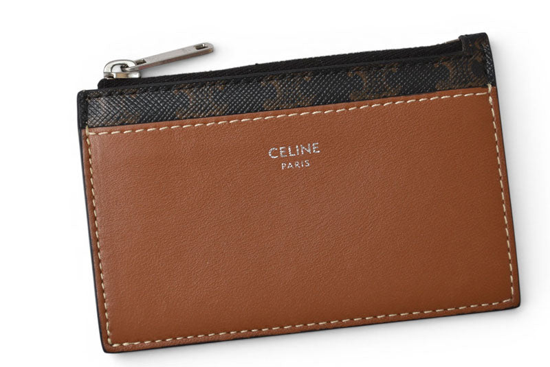 セリーヌ コインケース/カードホルダー CELINE ジップ付きカードホルダー/トリオンフキャンバス/ラムスキン ブラウン【中古】