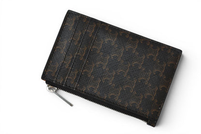 セリーヌ コインケース/カードホルダー CELINE ジップ付きカードホルダー/トリオンフキャンバス/ラムスキン ブラウン【中古】