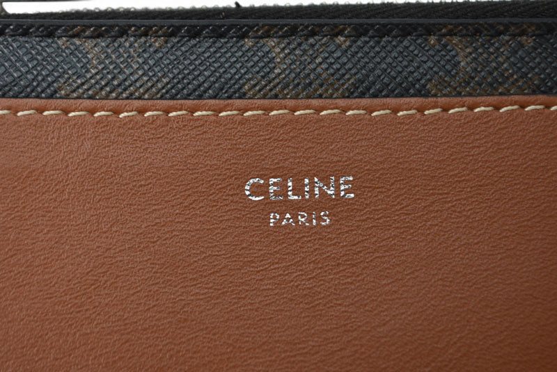 セリーヌ コインケース/カードホルダー CELINE ジップ付きカードホルダー/トリオンフキャンバス/ラムスキン ブラウン【中古】