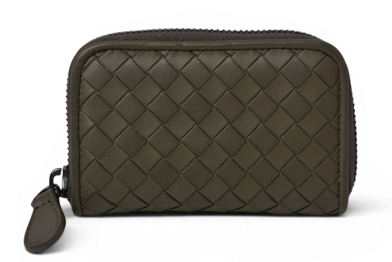 ボッテガヴェネタ カードケース/コインケース BOTTEGA VENETA ミニ財布 イントレチャート レザー カーキグレー 114075【中古】