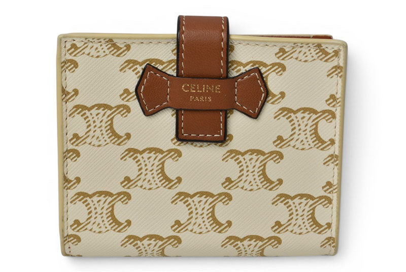 セリーヌ 財布/二つ折 CELINE ミニ財布 トリオンフ ストラップウォレット アイボリー/ブラウン【中古】